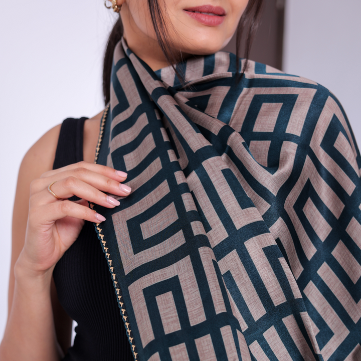 Blue Viscose Scarf with Geometric Pattern