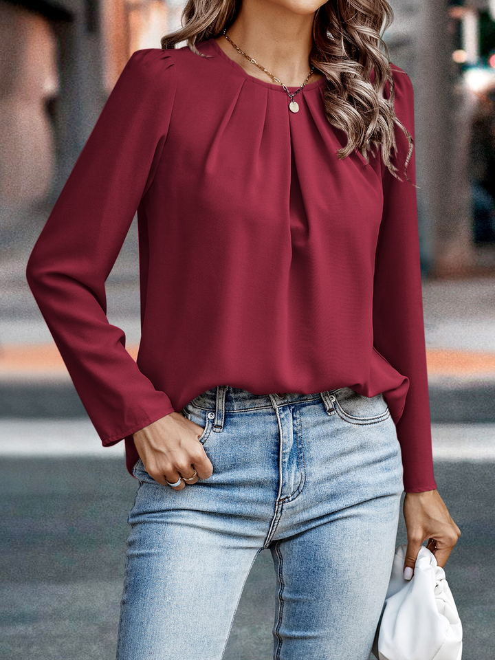 Round Neck Pleated Long Sleeve Shirt