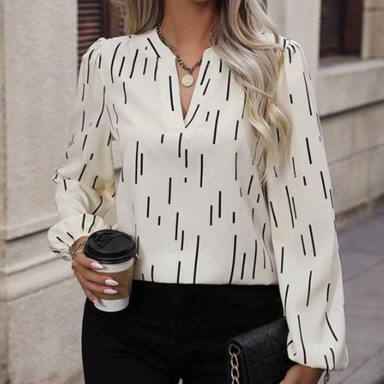 V-neck Long-sleeved Slim-fit Printed Shirt