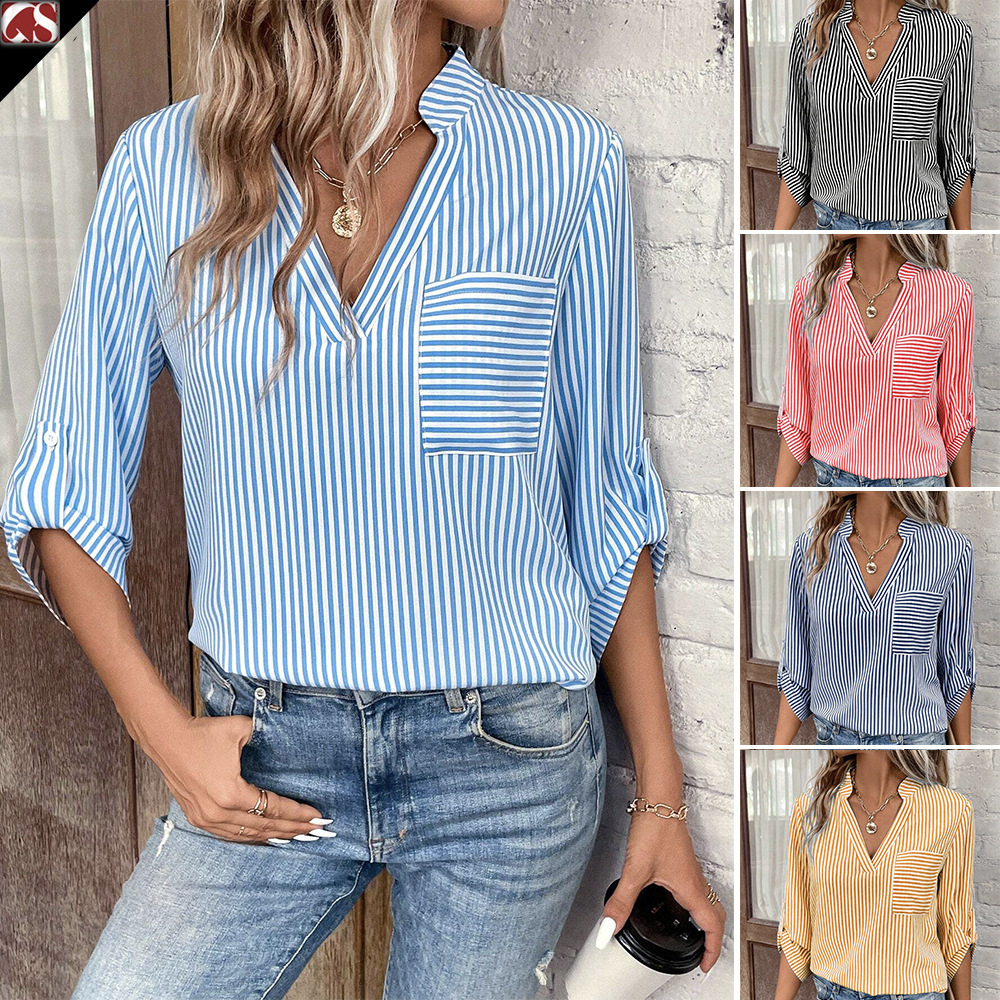 V-neck Pullover Striped Casual Shirt