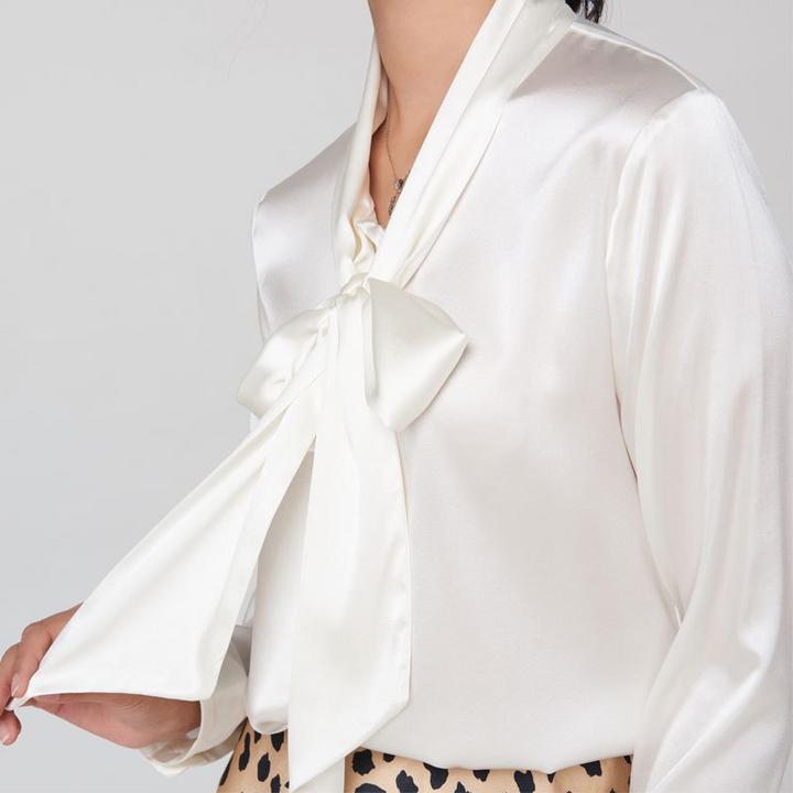 Silken V-neck Bow Shirt in Mulberry Silk