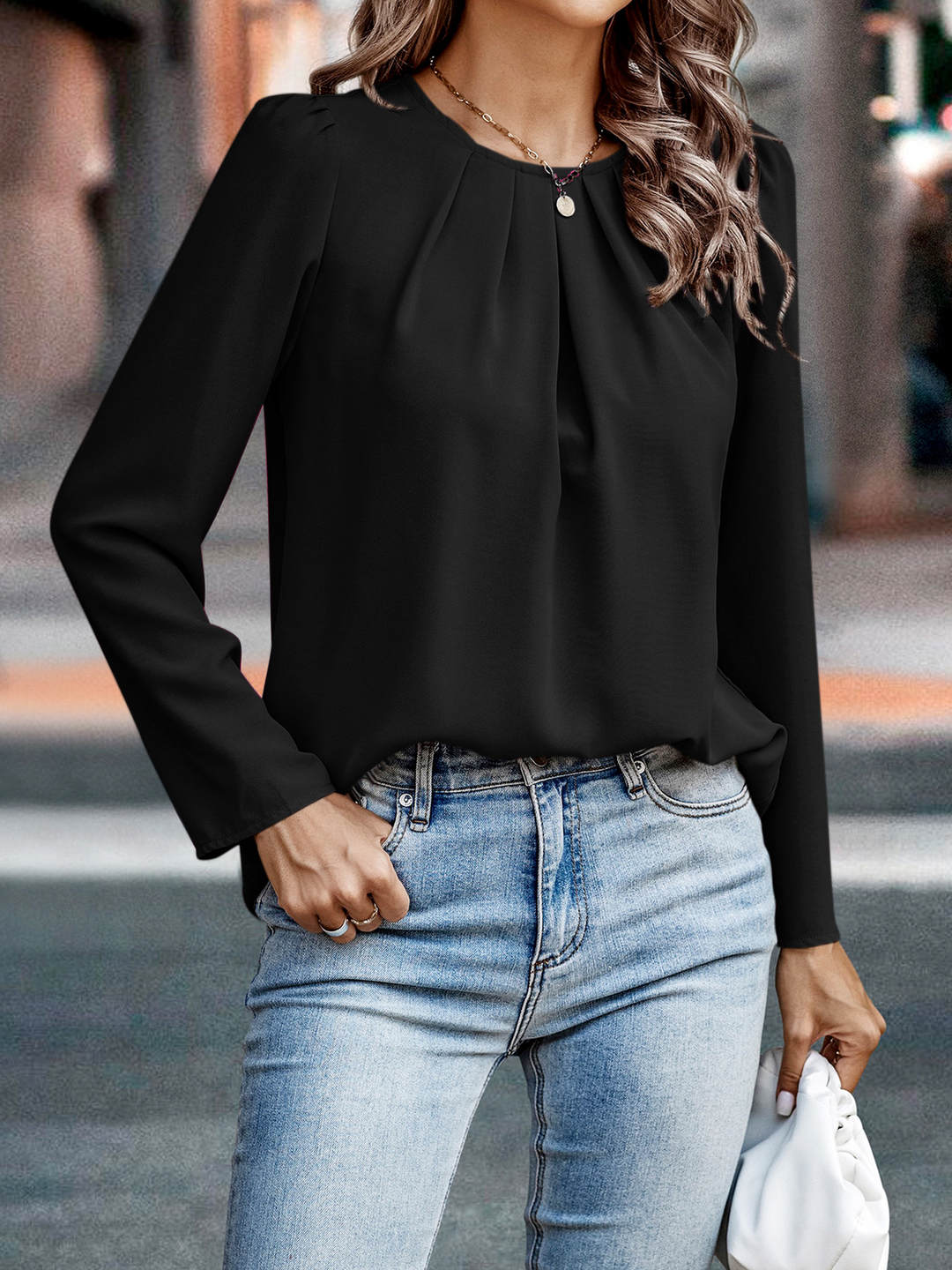 Round Neck Pleated Long Sleeve Shirt