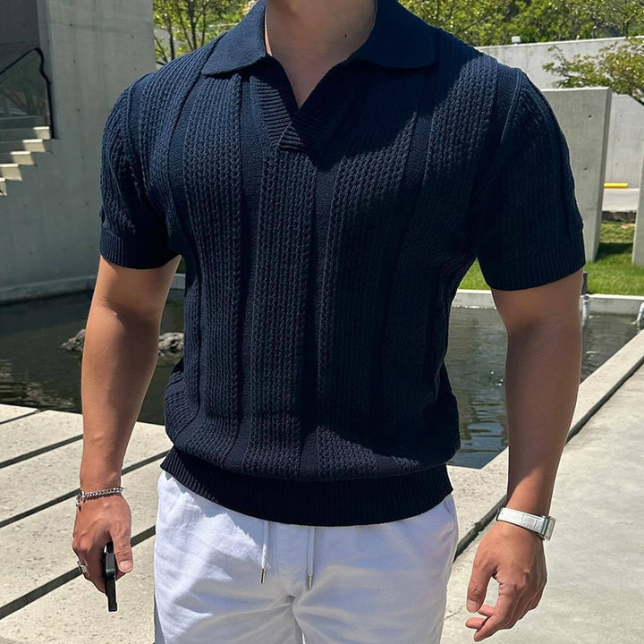 Hollow Mesh Texture Knitted Polo Shirt T-shirt