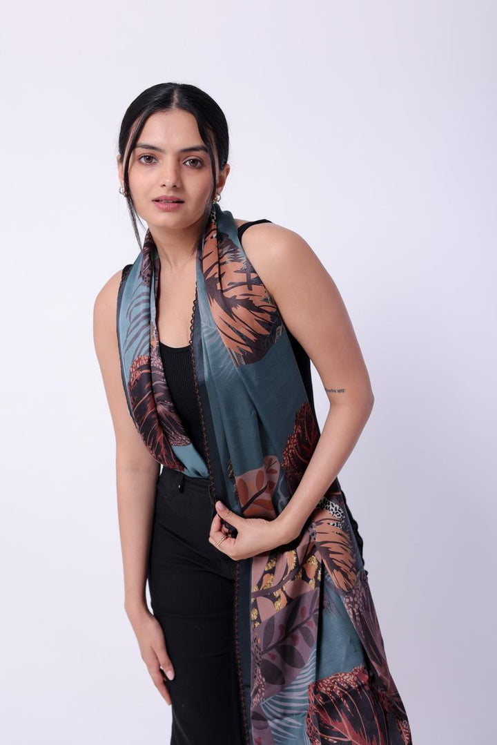 Luxurious Blue-green Leaf Design Viscose Scarf