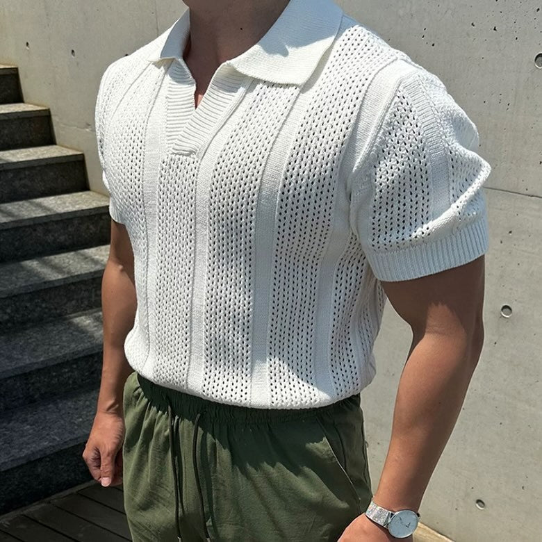 Hollow Mesh Texture Knitted Polo Shirt T-shirt