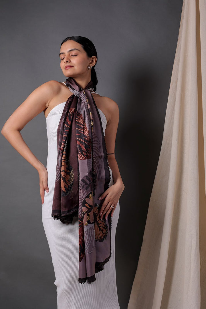 Luxurious Maroon Leaf Design Viscose Scarf