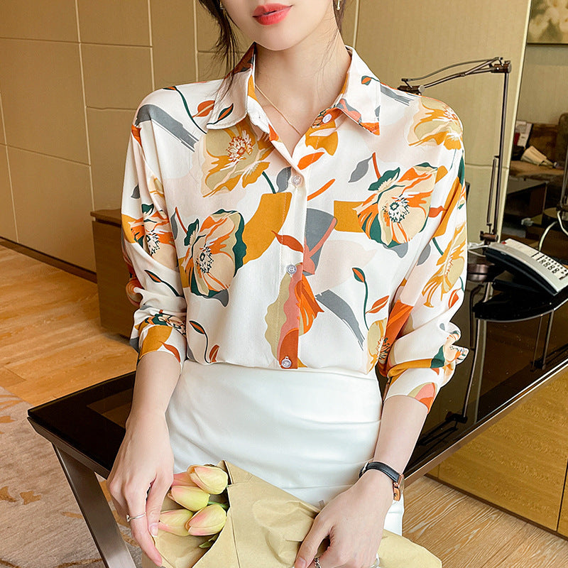 Retro French Printed Chiffon Shirt