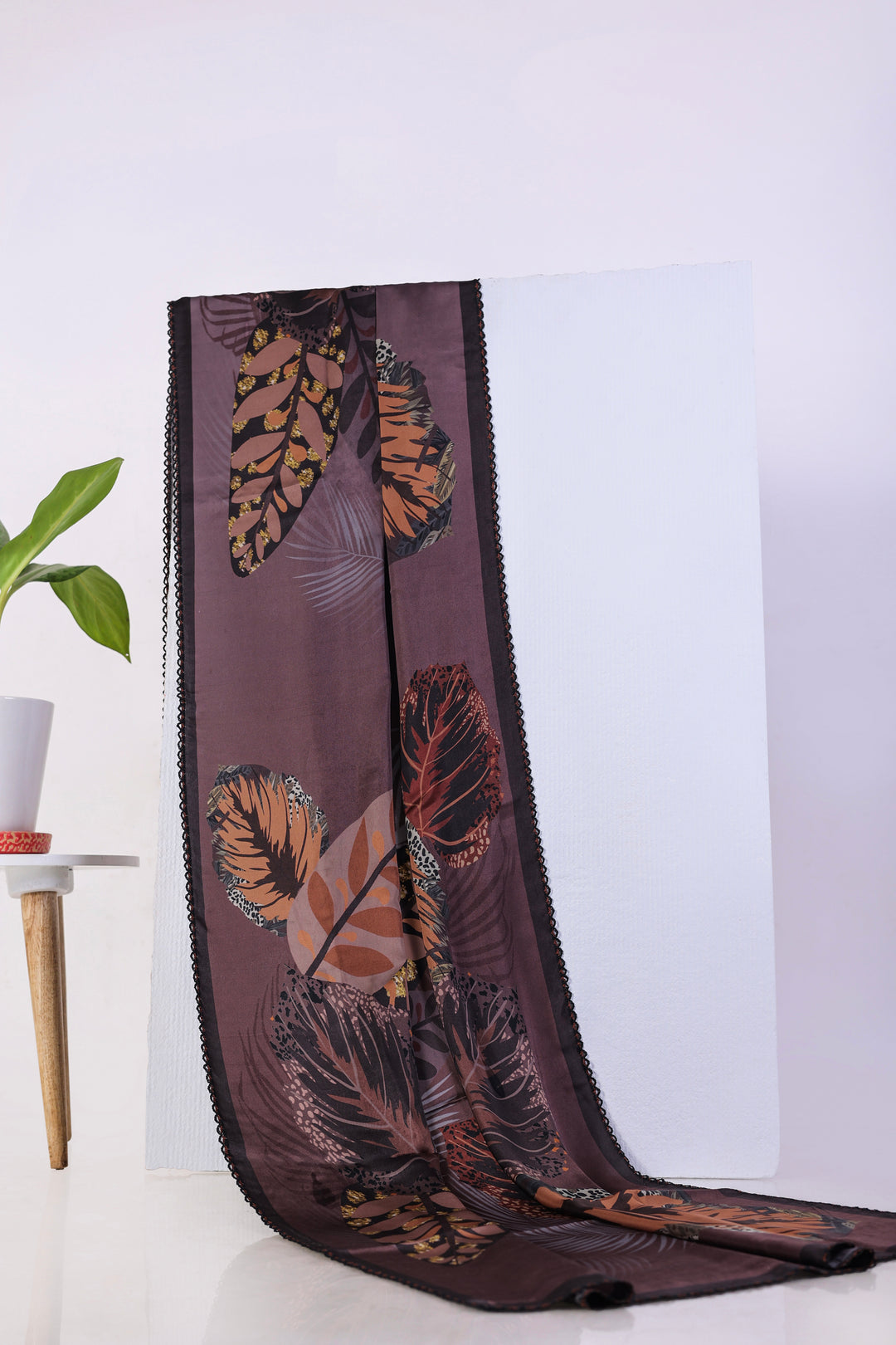 Luxurious Maroon Leaf Design Viscose Scarf