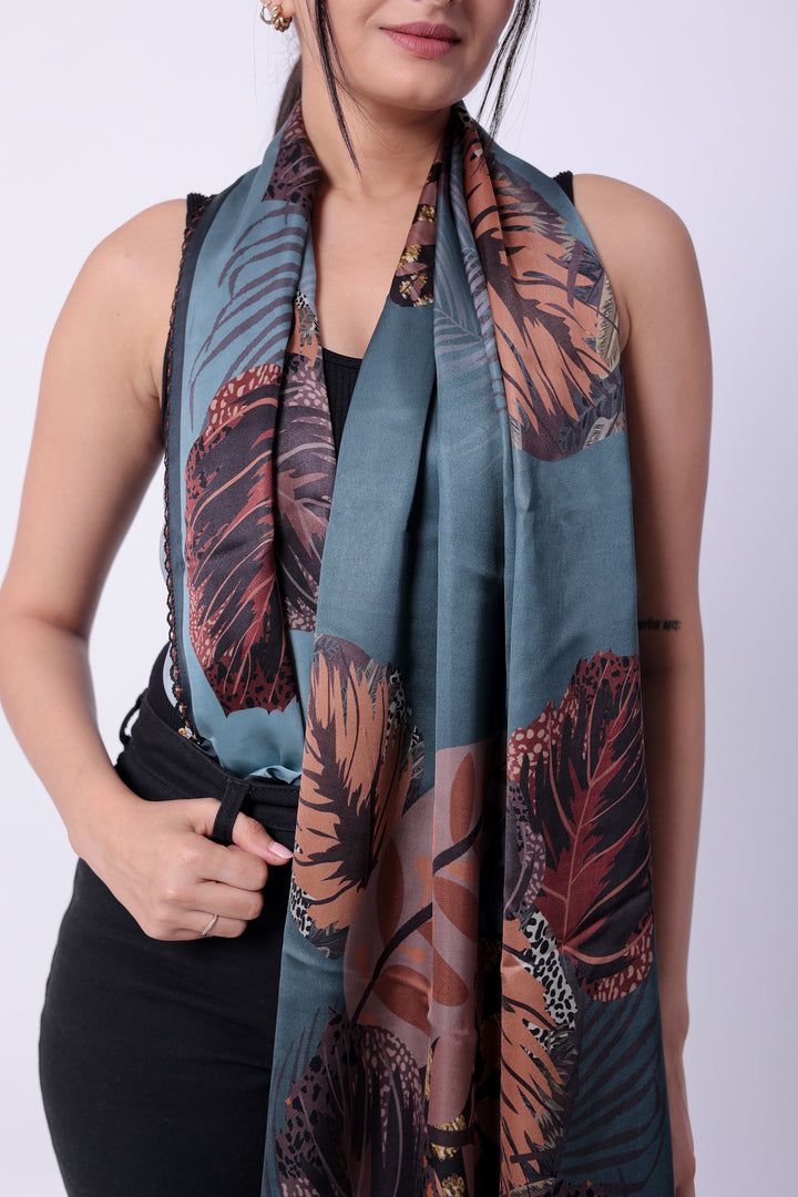 Luxurious Blue-green Leaf Design Viscose Scarf