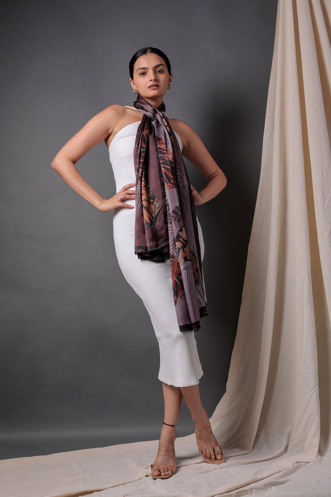 Luxurious Maroon Leaf Design Viscose Scarf