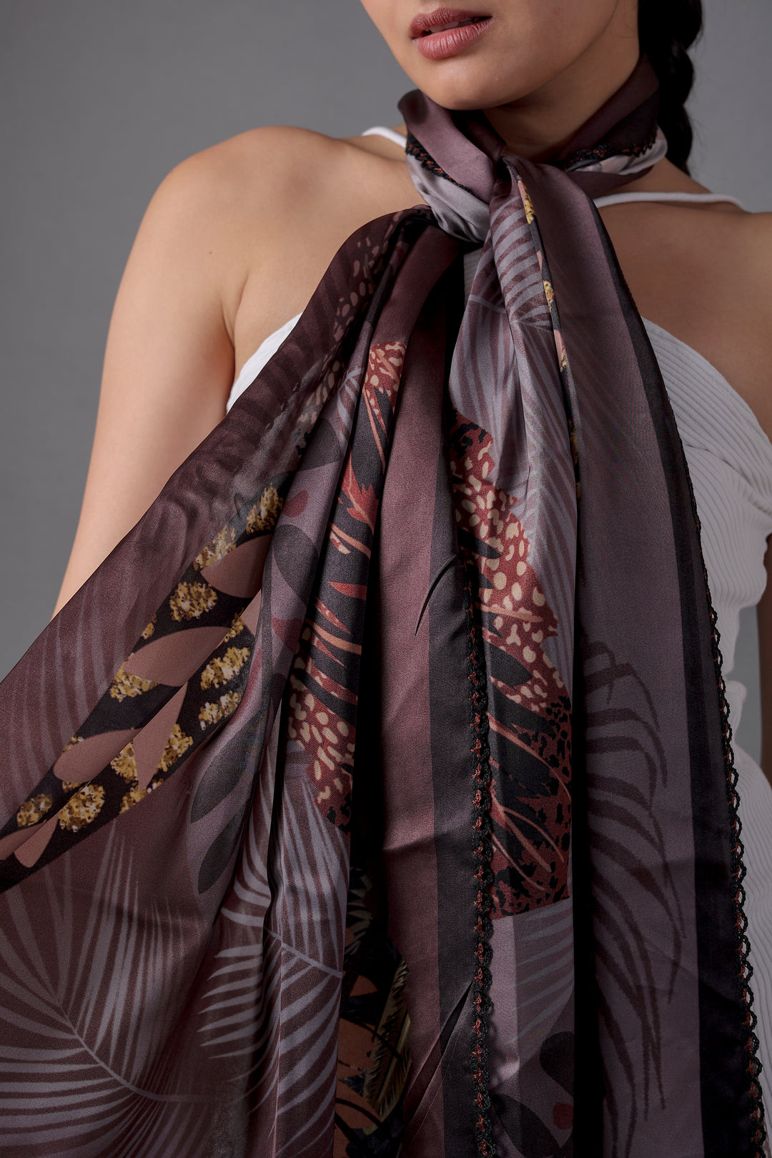 Luxurious Maroon Leaf Design Viscose Scarf