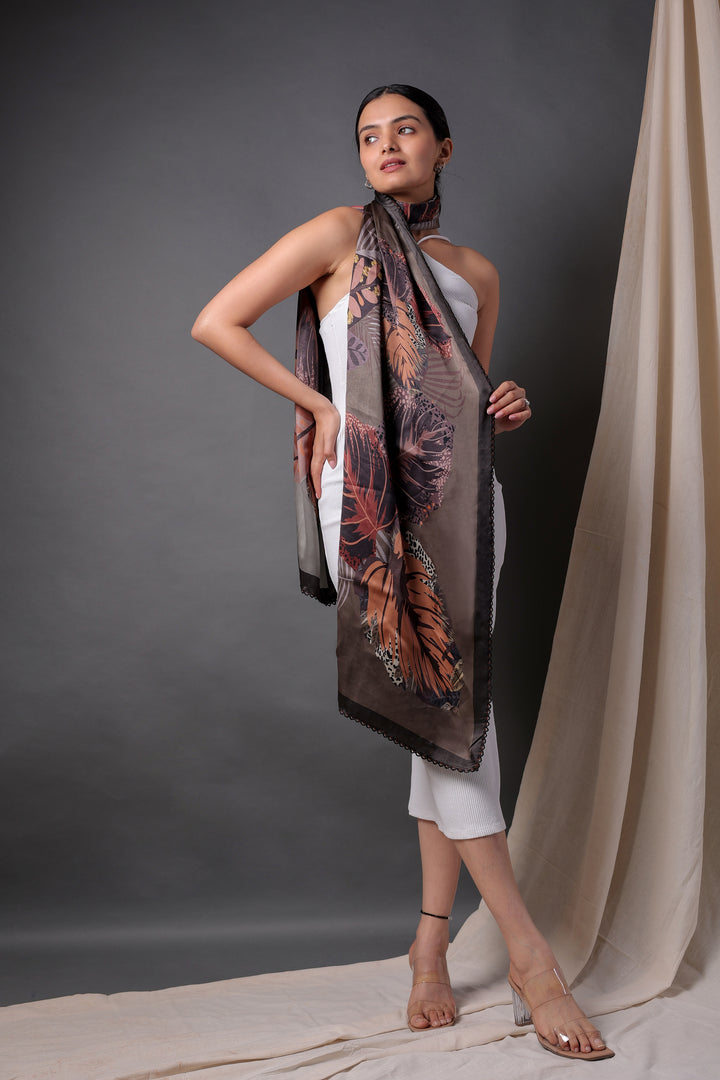 Luxurious Coffee Brown Leaf Design Viscose Scarf