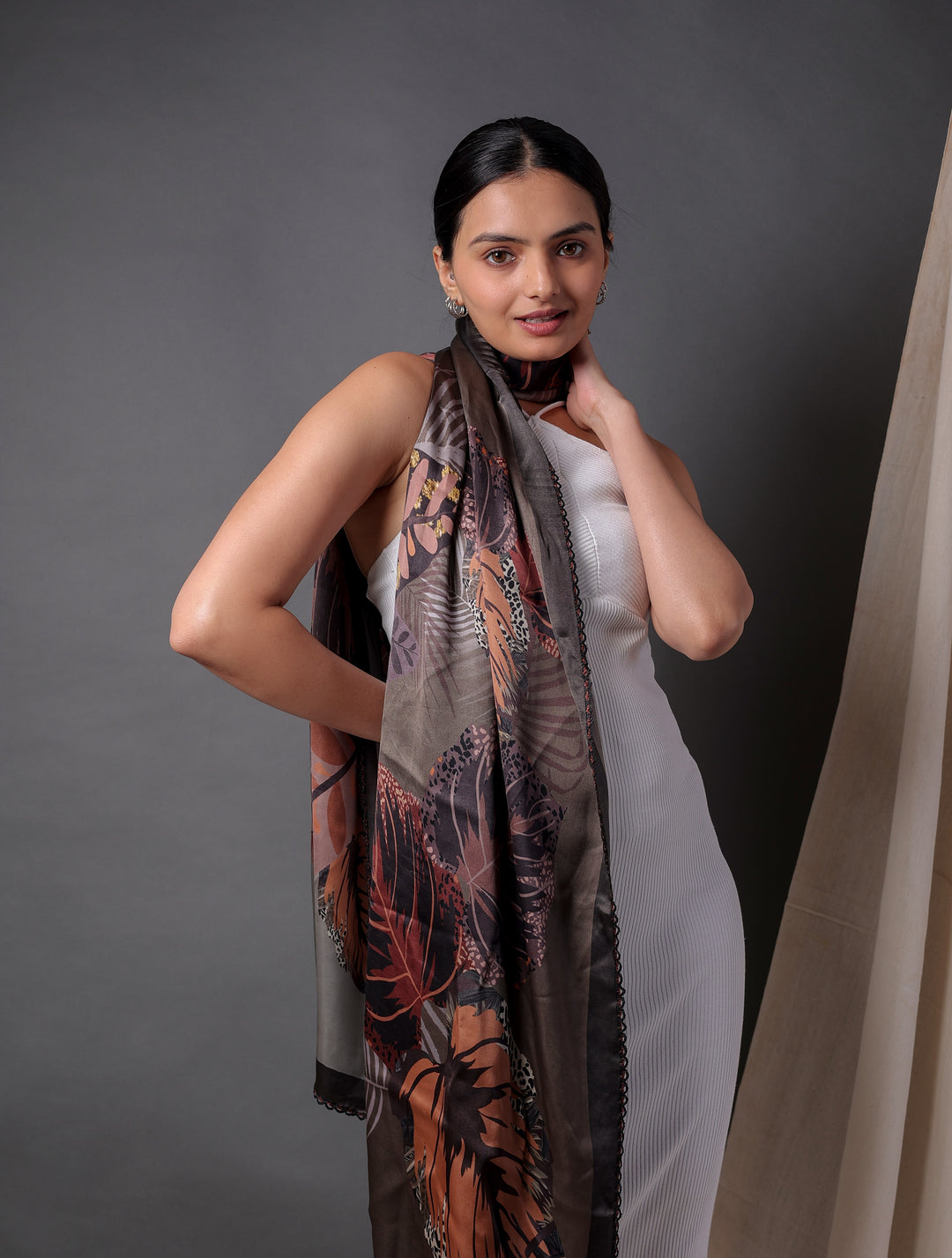 Luxurious Coffee Brown Leaf Design Viscose Scarf