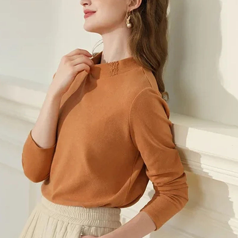 Slim fit Lace Stand-up Collar Long Sleeve T-shirt