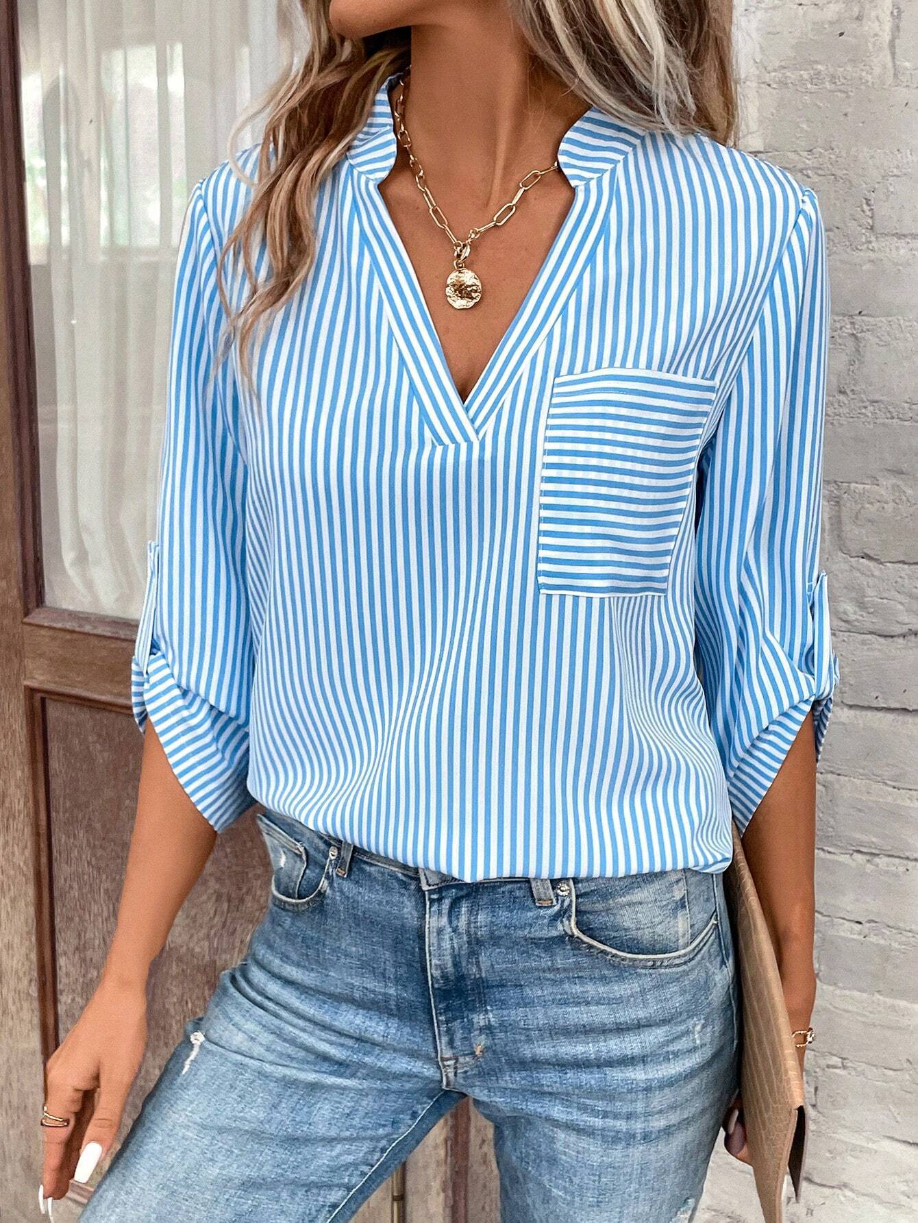 V-neck Pullover Striped Casual Shirt