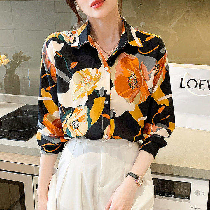 Retro French Printed Chiffon Shirt