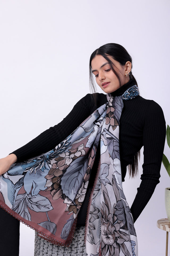 Brown Floral Printed Viscose Scarf