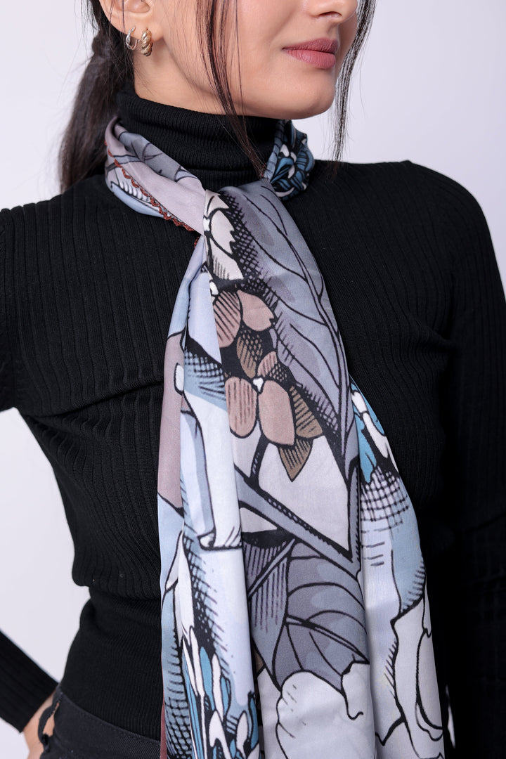 Brown Floral Printed Viscose Scarf