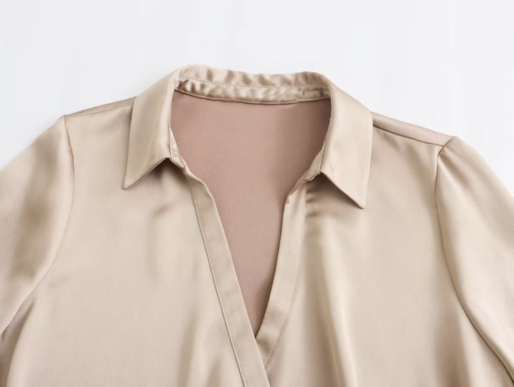 Double Breasted Silk Satin Textured Shirt Top