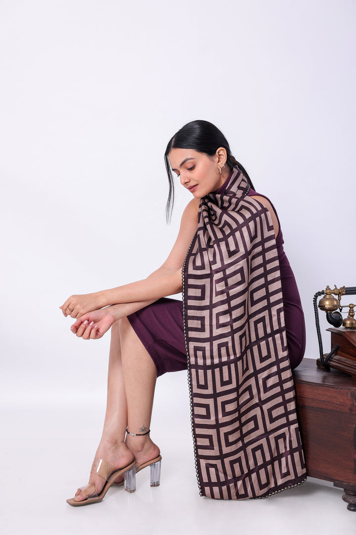 Purple Viscose Scarf with Geometric Pattern