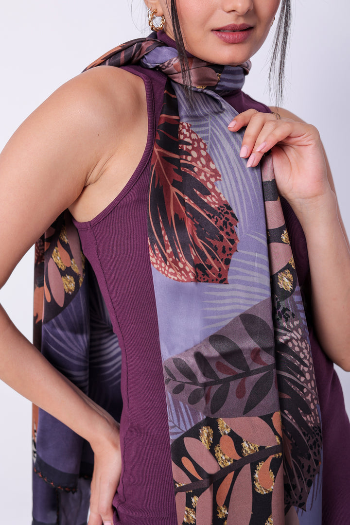 Luxurious Purple Leaf Design Viscose Scarf