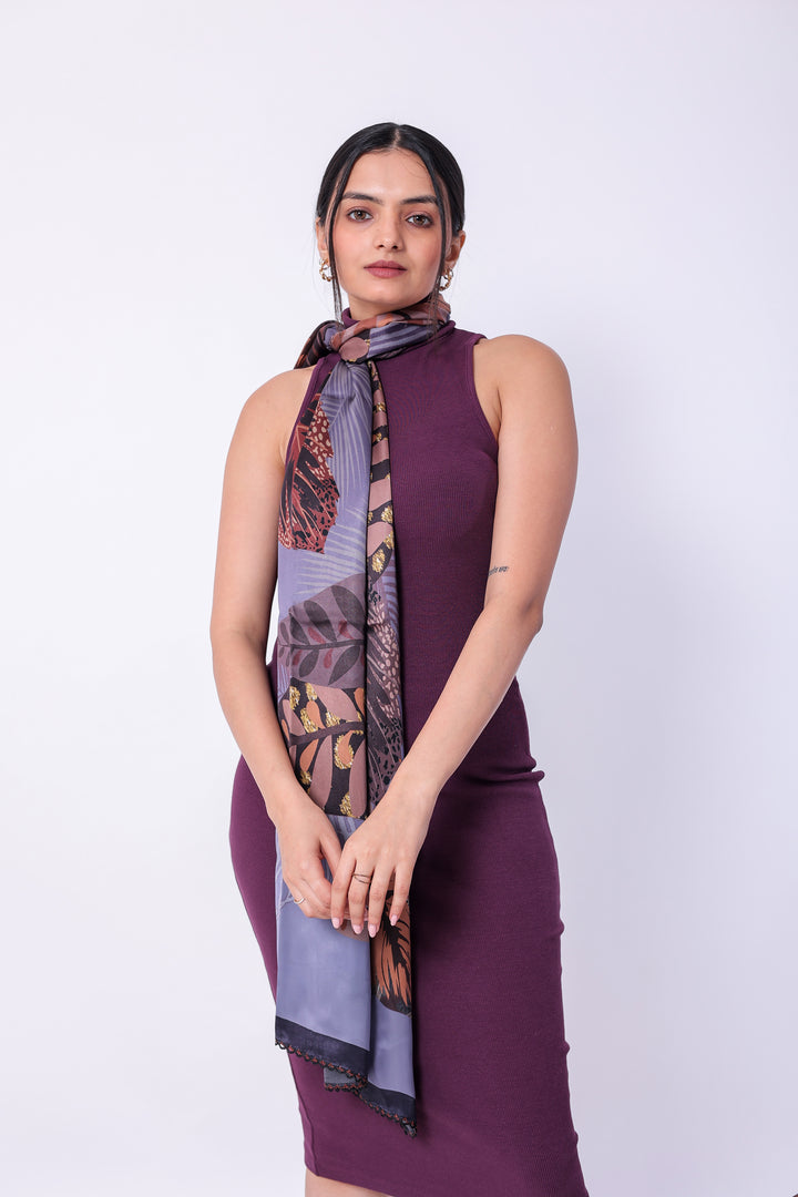 Luxurious Purple Leaf Design Viscose Scarf